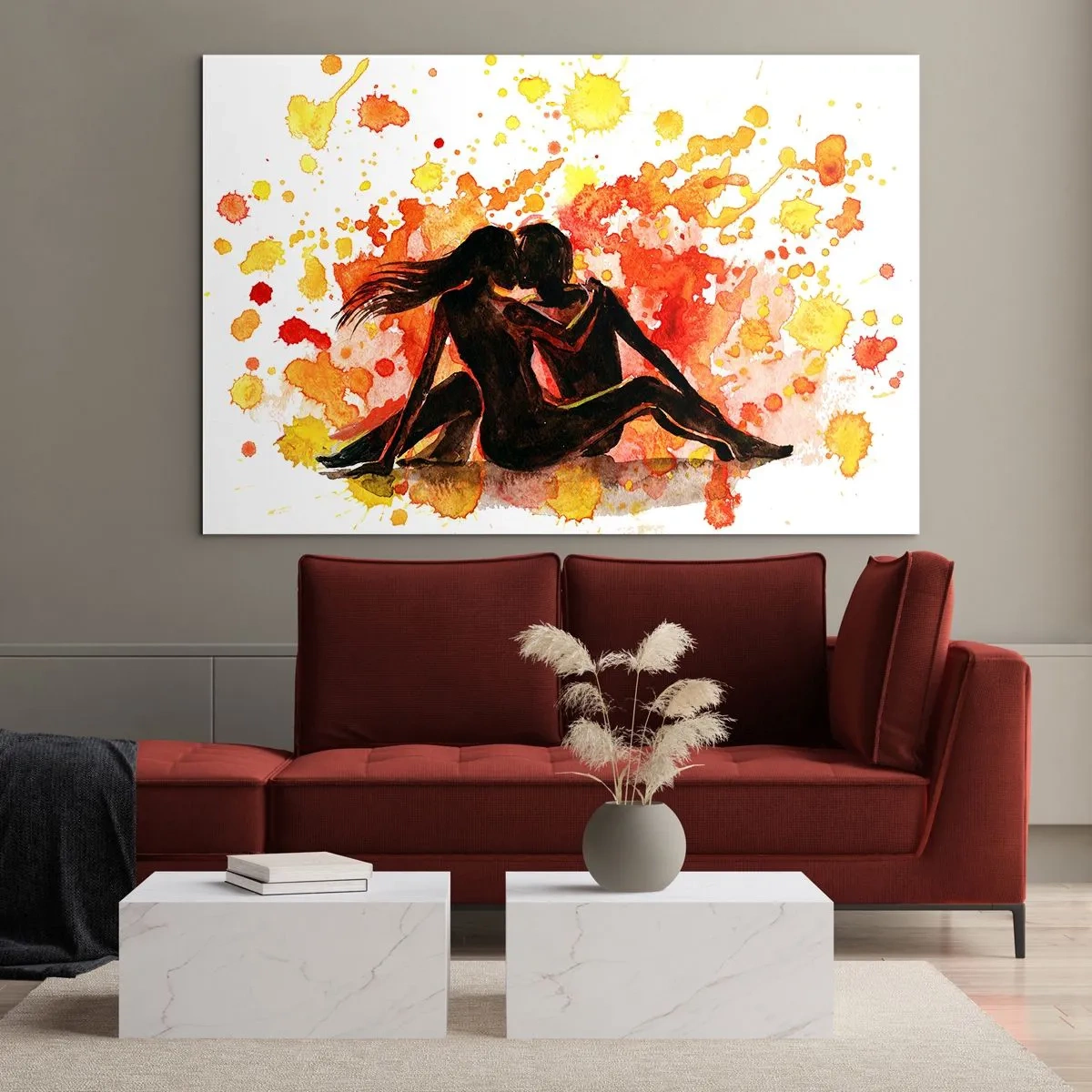 Impression sur verre - Image sur verre - Silhouette d'un couple sur un fond de taches d'aquarelle colorées - 120x80cm - Et la lumière fut - Décoration murale moderne pour le salon et la chambre ARTTOR