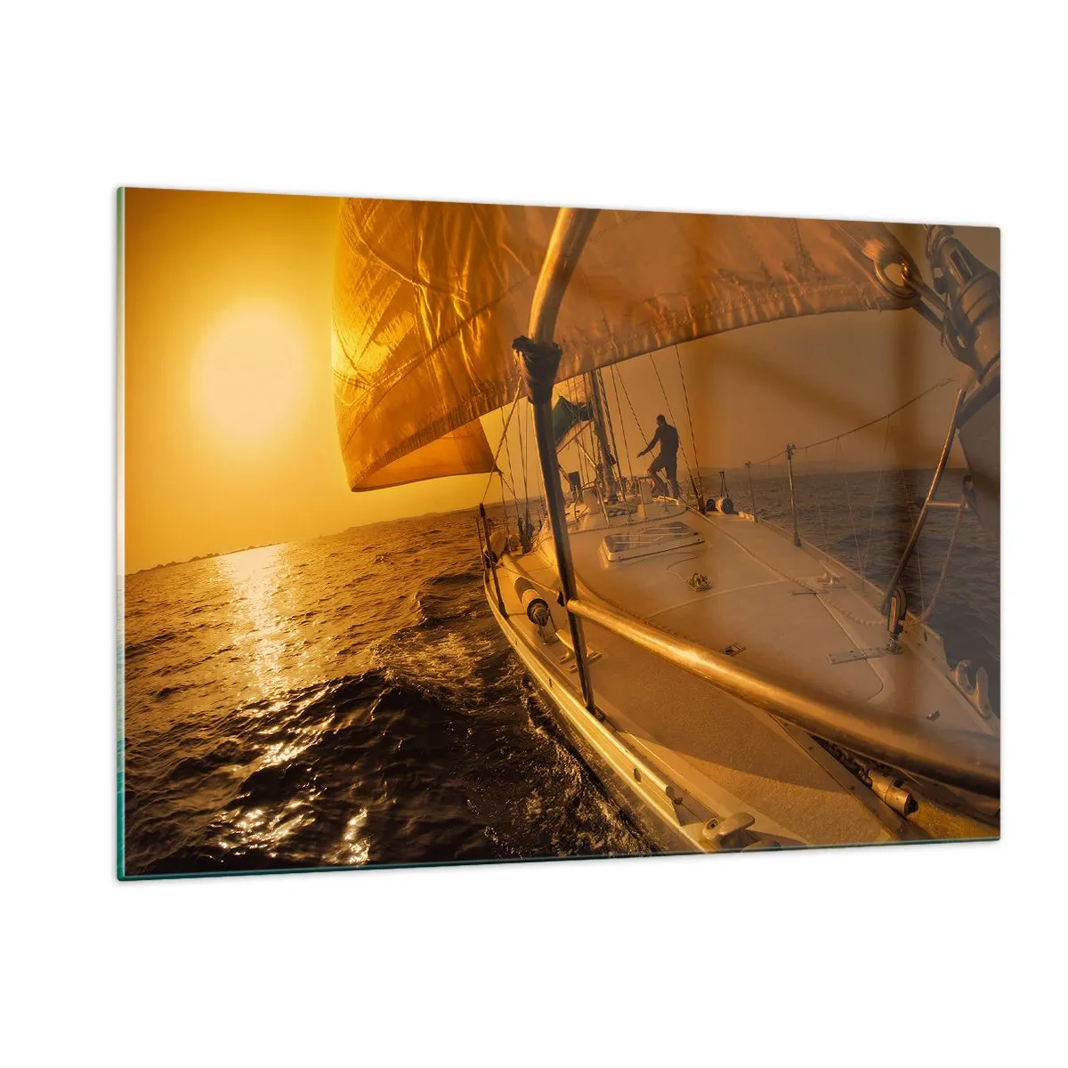 Impression sur verre - Image sur verre - Un voilier sur fond de soleil couchant - 120x80cm - Une soirée en por après une journée haute en couleurs - Décoration murale moderne pour le salon et la chambre ARTTOR