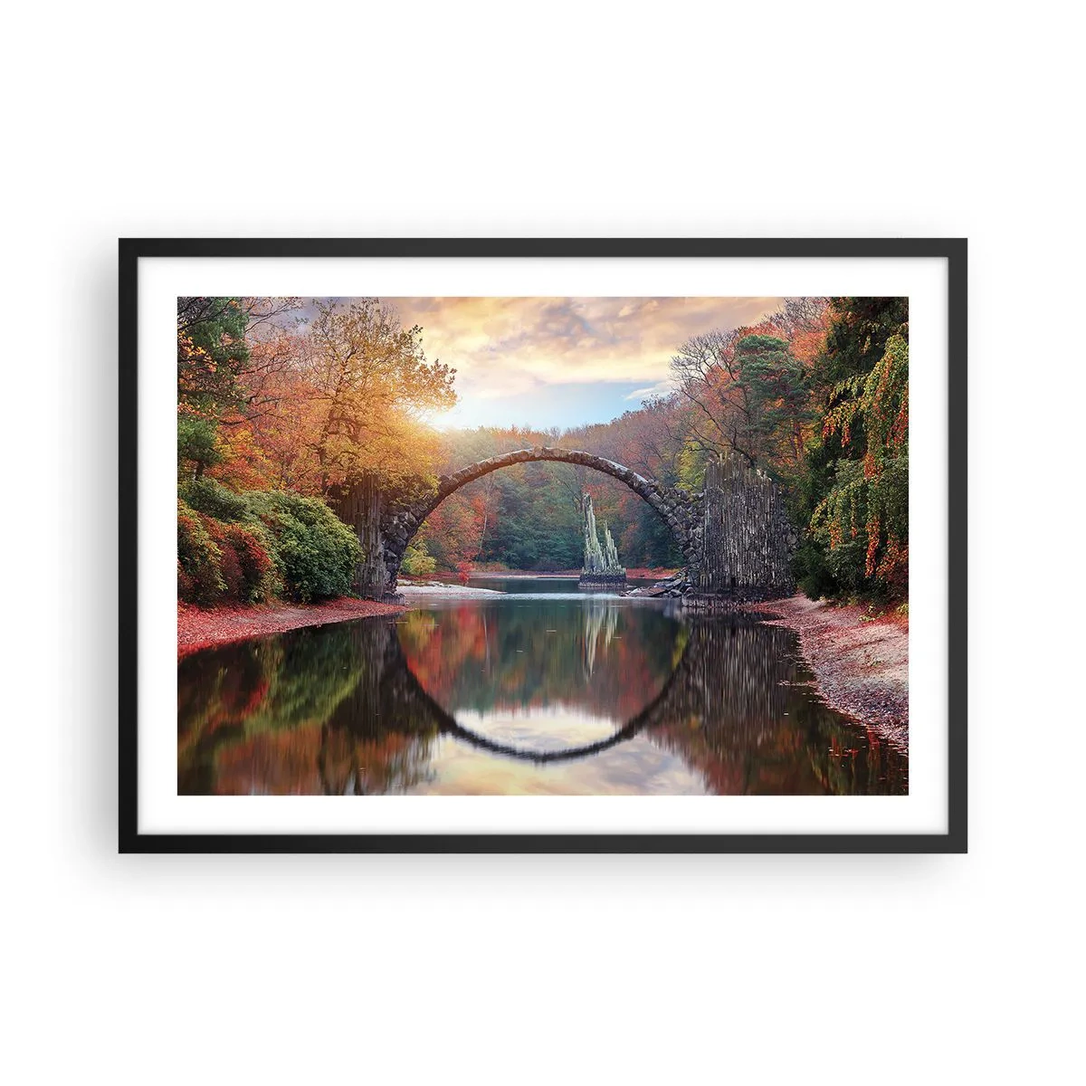 Affiche dans un cadre noir - Poster - Un pont de pierre dans un paysage d'automne sur une eau calme - 70x50cm - De l'autre cote du miroir - Décoration murale moderne pour le salon et la chambre ARTTOR