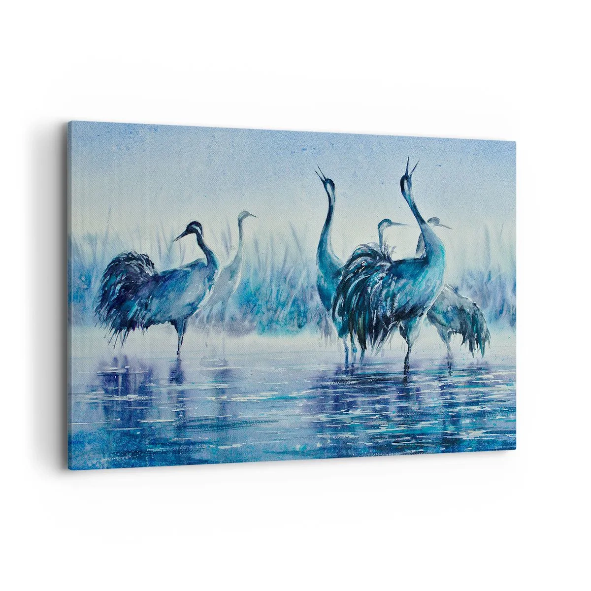 Impression sur toile - Image sur toile - Grues sur fond de brouillard et d'eau dans des tons bleus - 120x80cm - Réunion matinale - Décoration murale moderne pour le salon et la chambre ARTTOR
