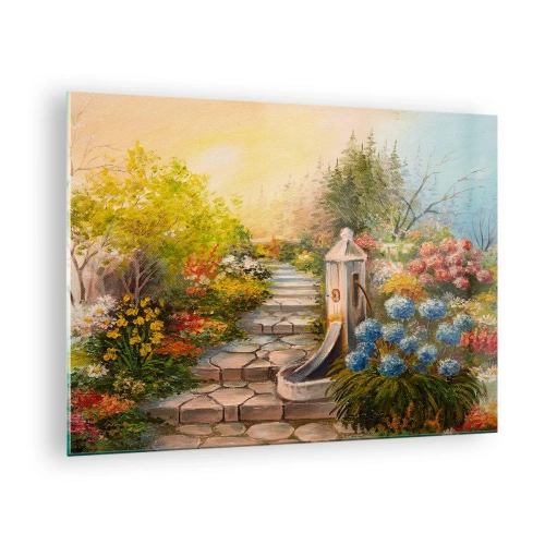 Impression sur verre - Image sur verre - Un jardin fleuri avec une fontaine en pleine floraison - 70x50cm - En pleine floraison - Décoration murale moderne pour le salon et la chambre ARTTOR