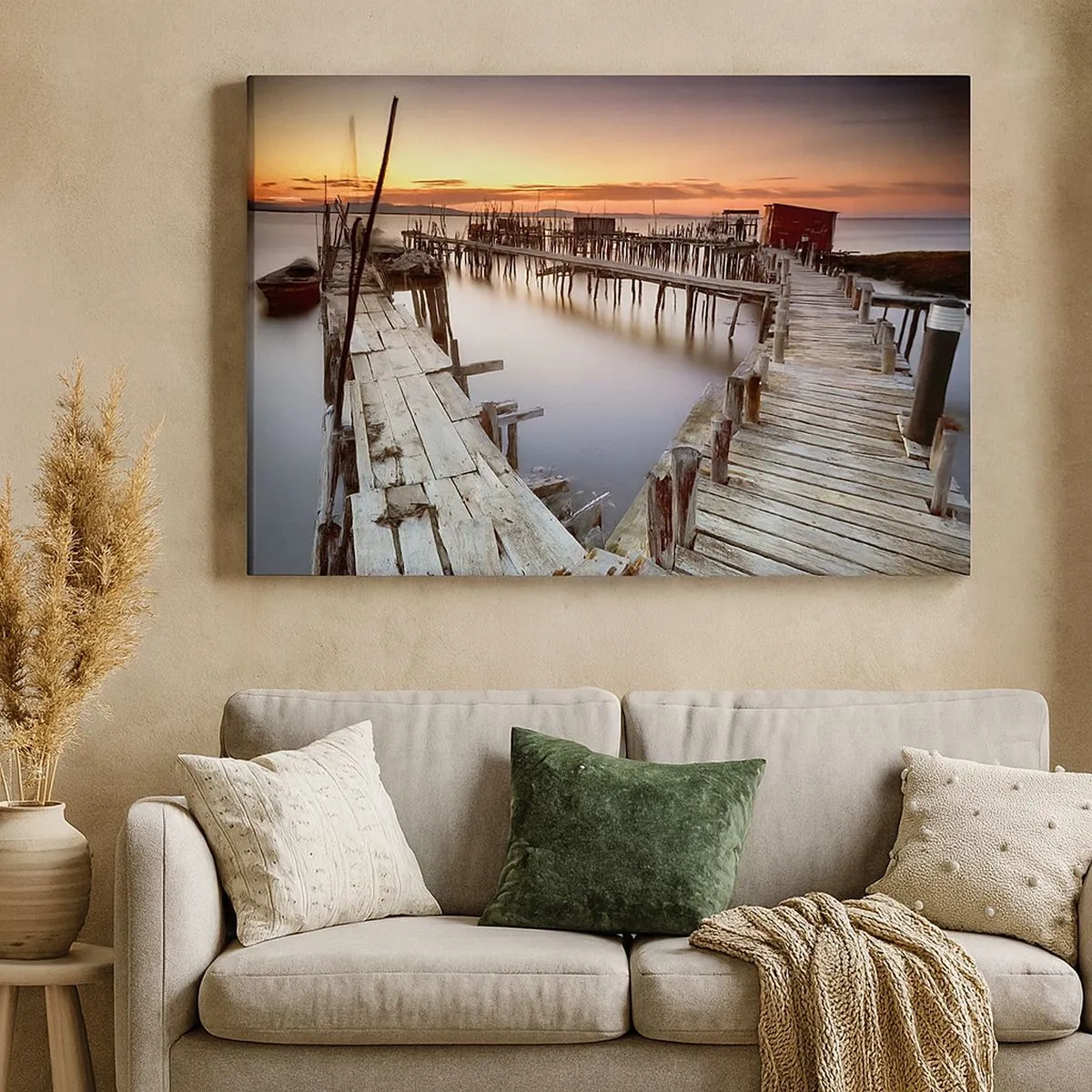 Impression sur toile - Image sur toile - Jetées en bois sur une eau calme au coucher du soleil - 70x50cm - Authentique, pas un attrape touristique - Décoration murale moderne pour le salon et la chambre ARTTOR
