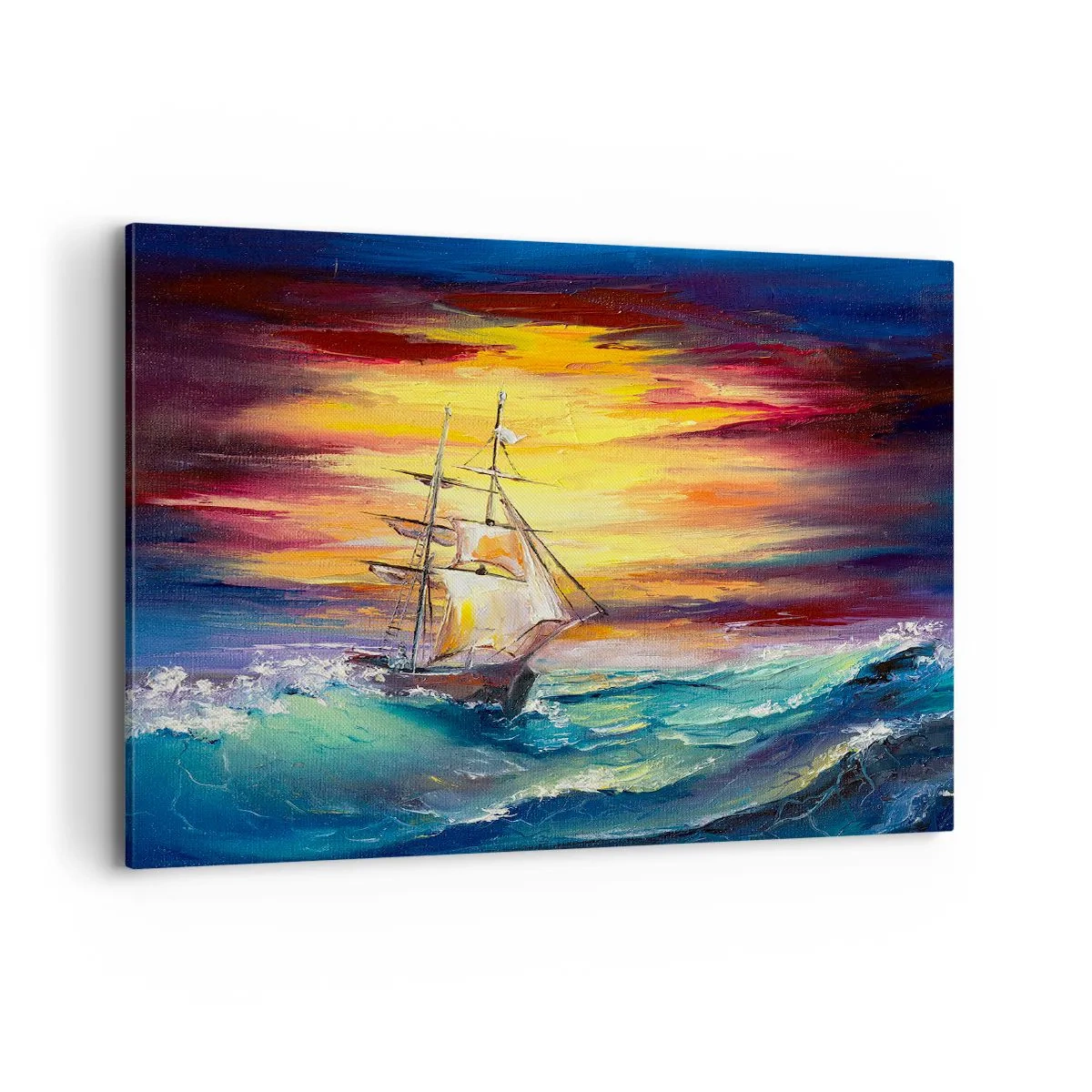 Impression sur toile - Image sur toile - Un voilier sur fond de coucher de soleil coloré - 100x70cm - Courageusement sous les vagues - Décoration murale moderne pour le salon et la chambre ARTTOR