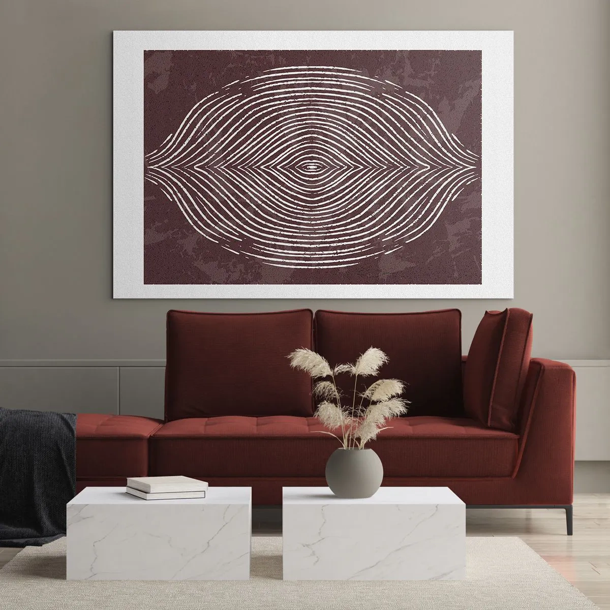 Impression sur verre - Image sur verre - Lignes symétriques en forme d'œil sur fond bordeaux - 70x50cm - L'espace parle - Décoration murale moderne pour le salon et la chambre ARTTOR