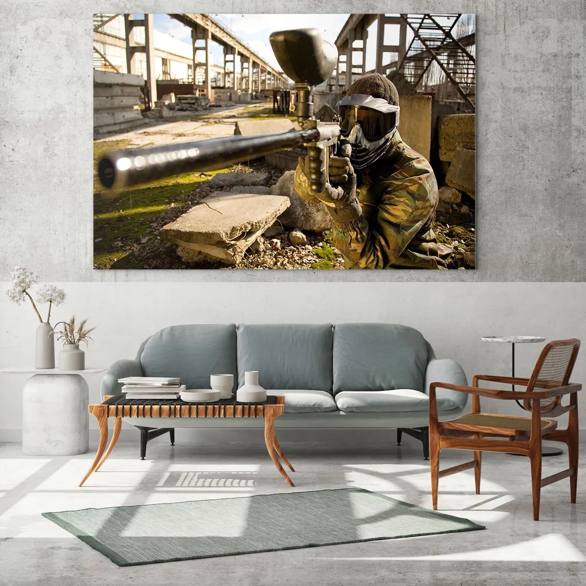 Impression sur verre - Image sur verre - Joueur de paintball en action dans un environnement industriel - 70x50cm - Et vous pouvez devenir un héros - Décoration murale moderne pour le salon et la chambre ARTTOR