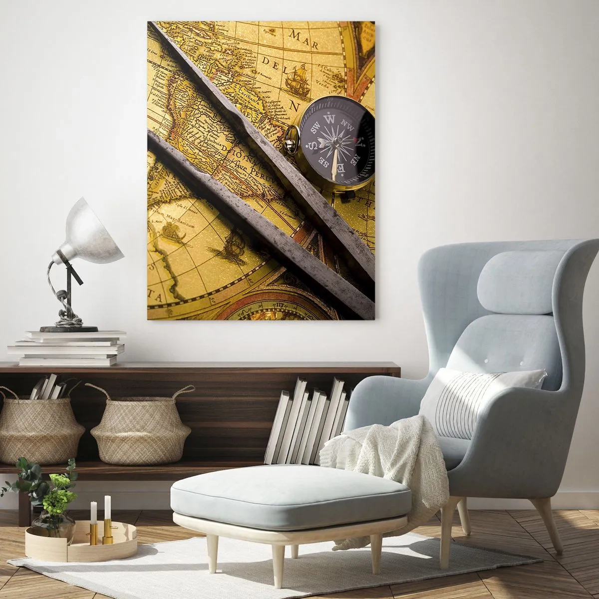 Impression sur verre - Image sur verre - Une carte du monde antique avec une boussole et un compas en arrière-plan - 80x120cm - Où sont ces trésors? - Décoration murale moderne pour le salon et la chambre ARTTOR