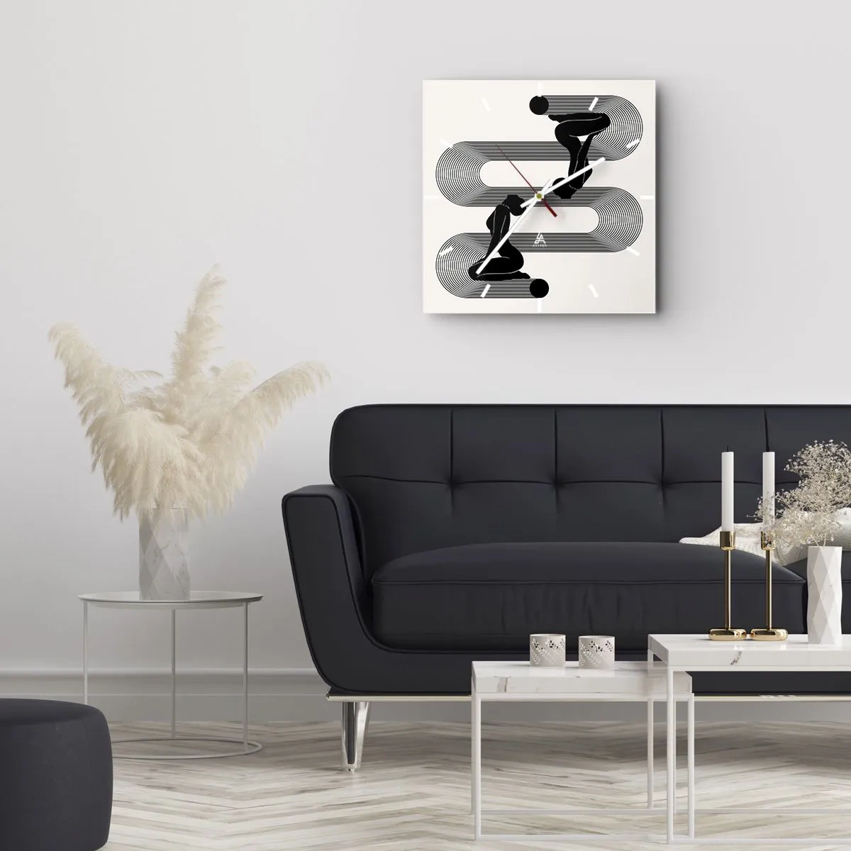 Horloge murale - Pendule murale - Silhouettes noires avec des lignes géométriques sur fond clair - 30x30cm - Symétrie sensuelle - Décoration murale moderne pour le salon et la chambre ARTTOR