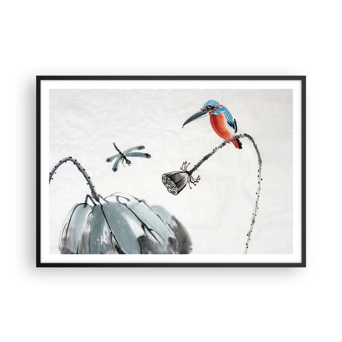 Affiche dans un cadre noir - Poster - Un oiseau coloré sur fond de végétation et une libellule - 100x70cm - La vie du champ - Décoration murale moderne pour le salon et la chambre ARTTOR
