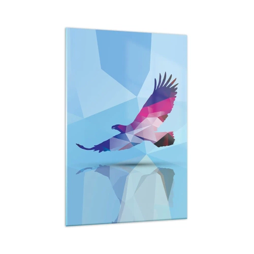 Impression sur verre - Image sur verre - Silhouette géométrique d'un aigle en vol sur fond bleu - 70x100cm - Aigle en cristal lilas - Décoration murale moderne pour le salon et la chambre ARTTOR