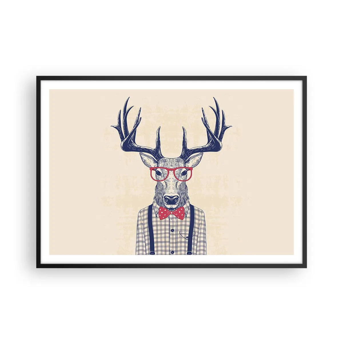Affiche dans un cadre noir - Poster - Graphique stylisé d'un cerf portant des lunettes et un nœud papillon - 100x70cm - Une extravagance amusante - Décoration murale moderne pour le salon et la chambre ARTTOR