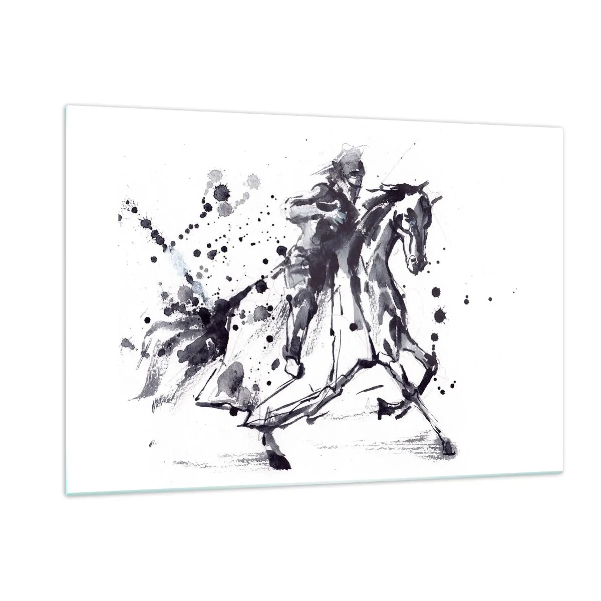 Impression sur verre - Image sur verre - Peinture en noir et blanc d'un cavalier sur un cheval dans un style abstrait - 120x80cm - Chevalier noir - Décoration murale moderne pour le salon et la chambre ARTTOR
