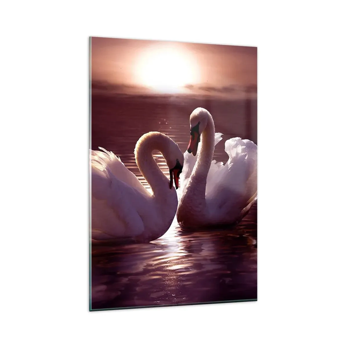 Impression sur verre - Image sur verre - Deux cygnes sur un lac calme au coucher du soleil - 80x120cm - Jusqu'à ce que la mort nous sépare - Décoration murale moderne pour le salon et la chambre ARTTOR