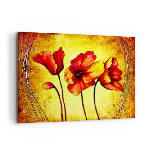 Impression sur toile - Image sur toile - Fleurs rouges et jaunes sur fond doré avec motifs décoratifs - 100x70cm - Dans la décoration Art Nouveau - Décoration murale moderne pour le salon et la chambre ARTTOR