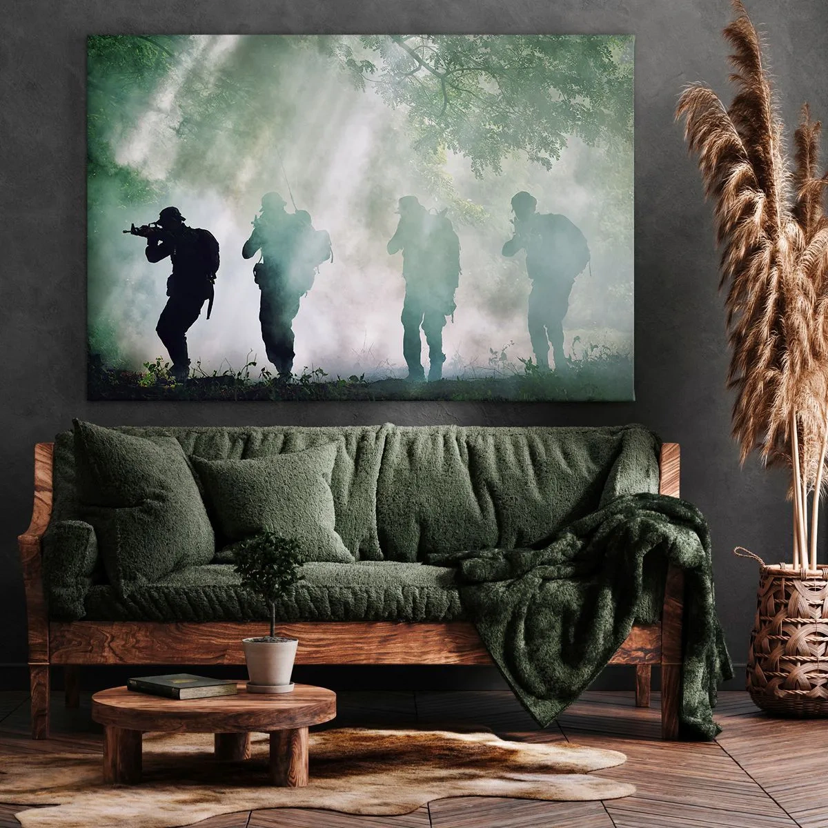 Impression sur toile - Image sur toile - Silhouettes de soldats dans une forêt entourée de brouillard - 120x80cm - Un pour tous… - Décoration murale moderne pour le salon et la chambre ARTTOR
