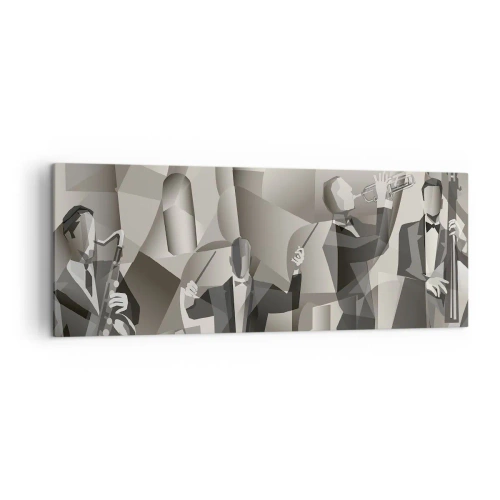 Impression sur toile - Image sur toile - Scène abstraite avec des musiciens de jazz dans des tons de gris. - 140x50cm - Dans l'espace des sons - Décoration murale moderne pour le salon et la chambre ARTTOR