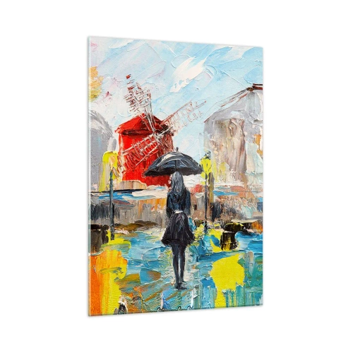 Impression sur verre - Image sur verre - Une femme avec un parapluie sur fond de ville dans le style de l'impressionnisme - 50x70cm - Légende parisienne - Décoration murale moderne pour le salon et la chambre ARTTOR