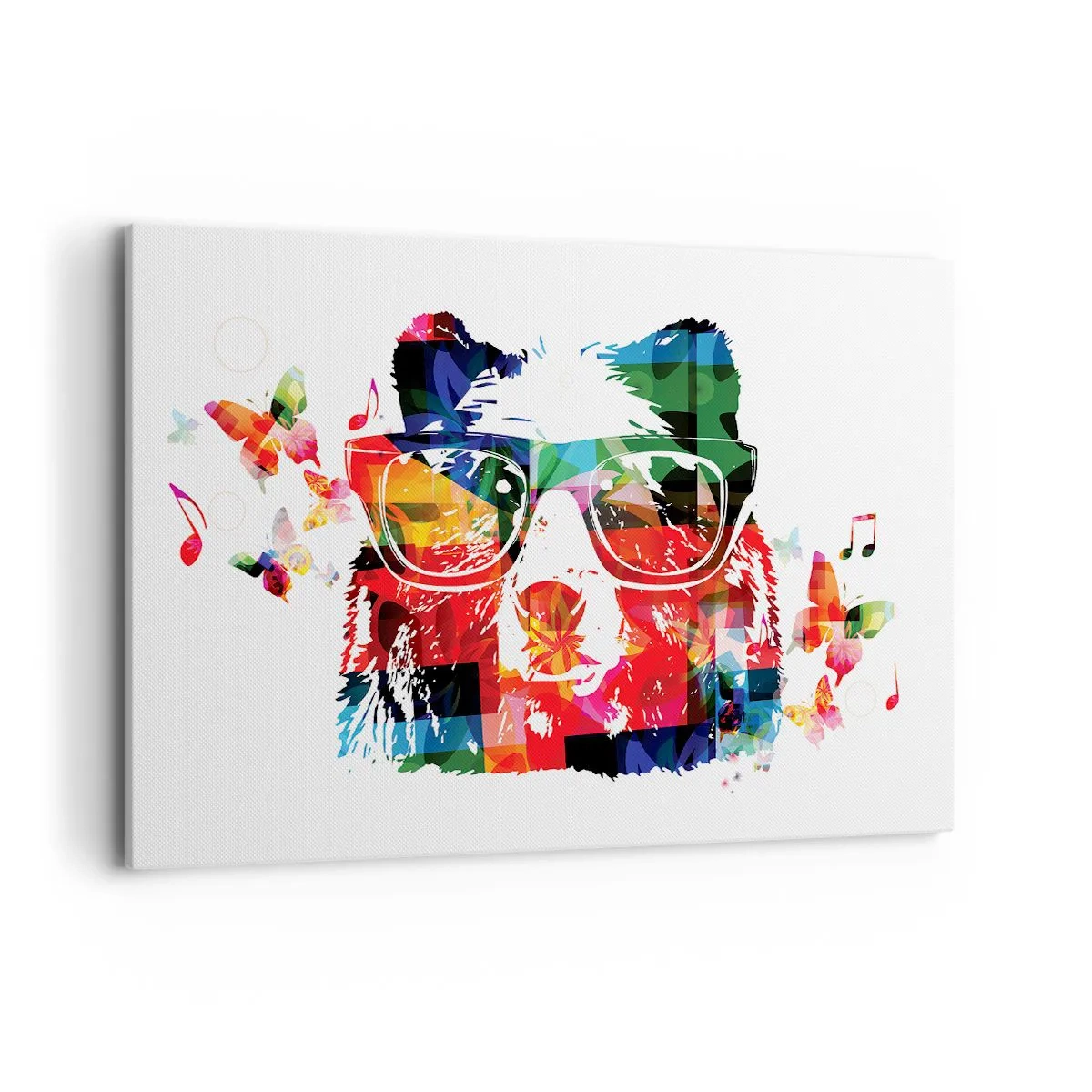 Impression sur toile - Image sur toile - Ours coloré avec des lunettes avec des papillons et des notes de musique - 120x80cm - Ca plait au chien! - Décoration murale moderne pour le salon et la chambre ARTTOR