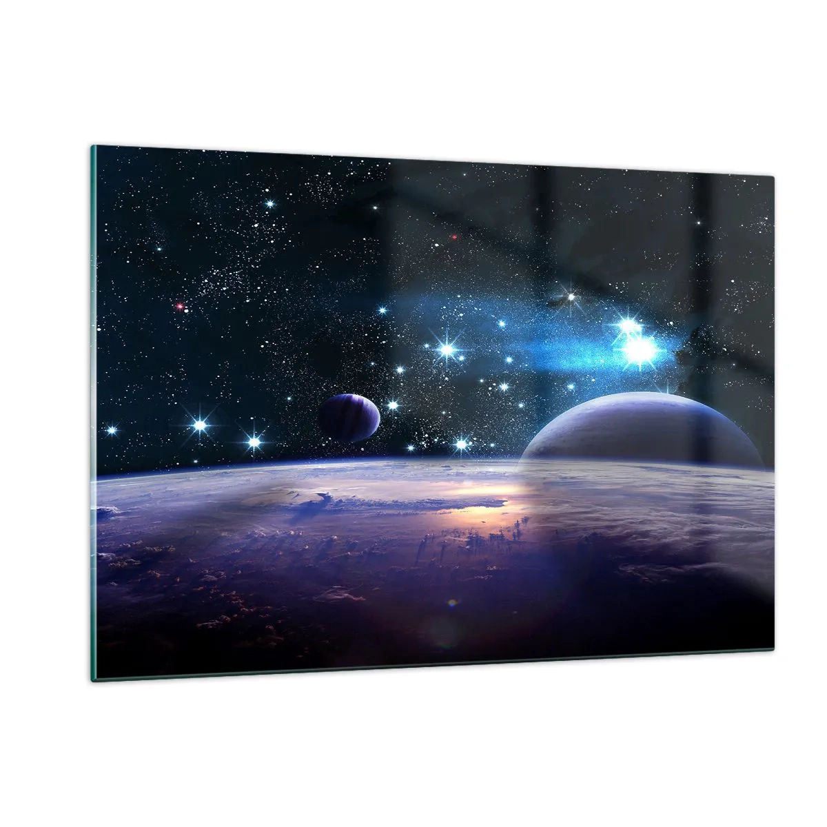 Impression sur verre - Image sur verre - Un paysage spatial avec des planètes et des étoiles sur fond de galaxie. - 120x80cm - Toujours seul? - Décoration murale moderne pour le salon et la chambre ARTTOR