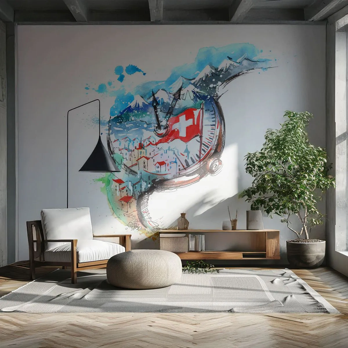 Papier peint sur mesure Standard Eco - L'esprit de la Suisse - Abstraction, Montre Suisse, Alpes