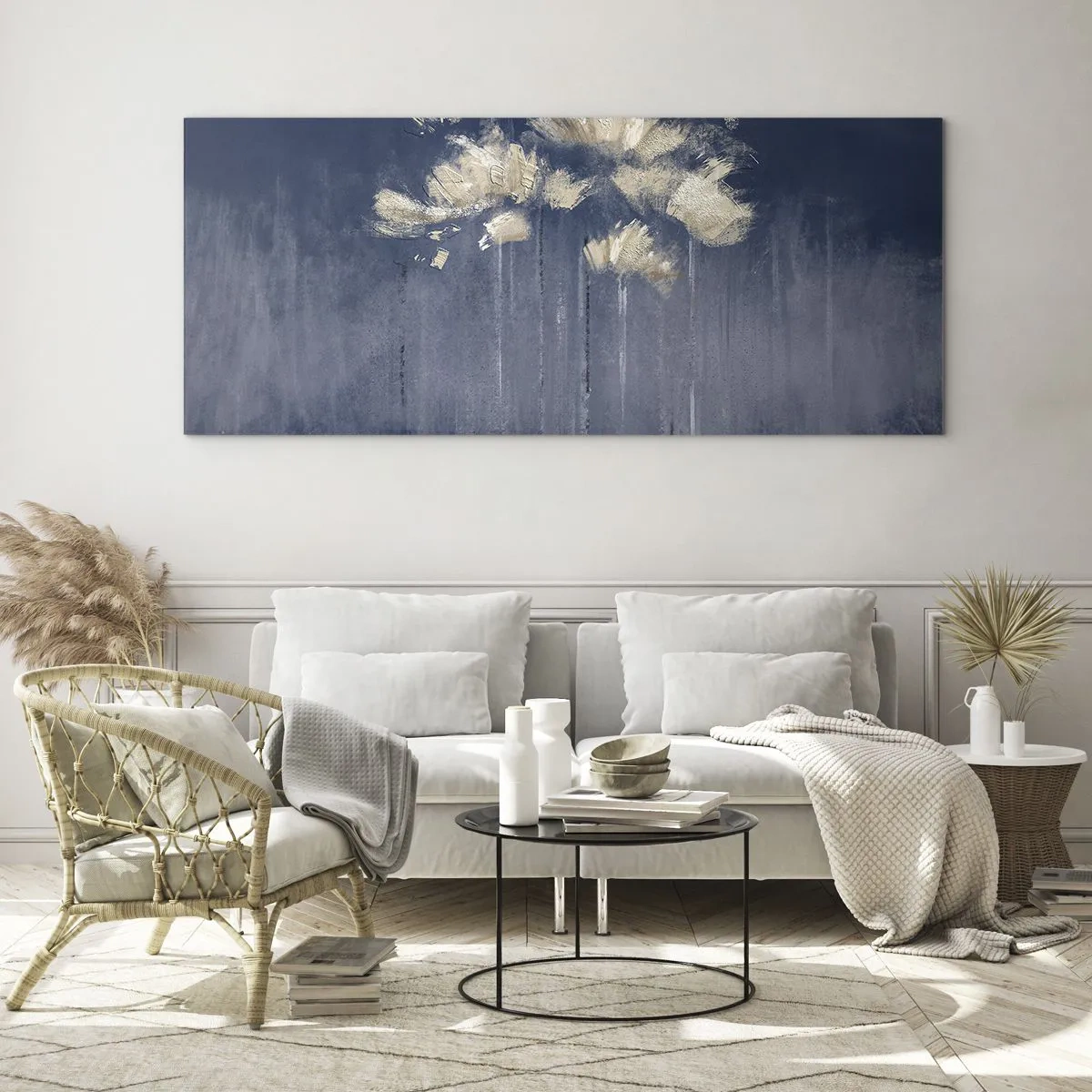 Impression sur verre - Image sur verre - Fleurs délicates sur fond bleu - 160x50cm - Comme des pétales au vent - Décoration murale moderne pour le salon et la chambre ARTTOR