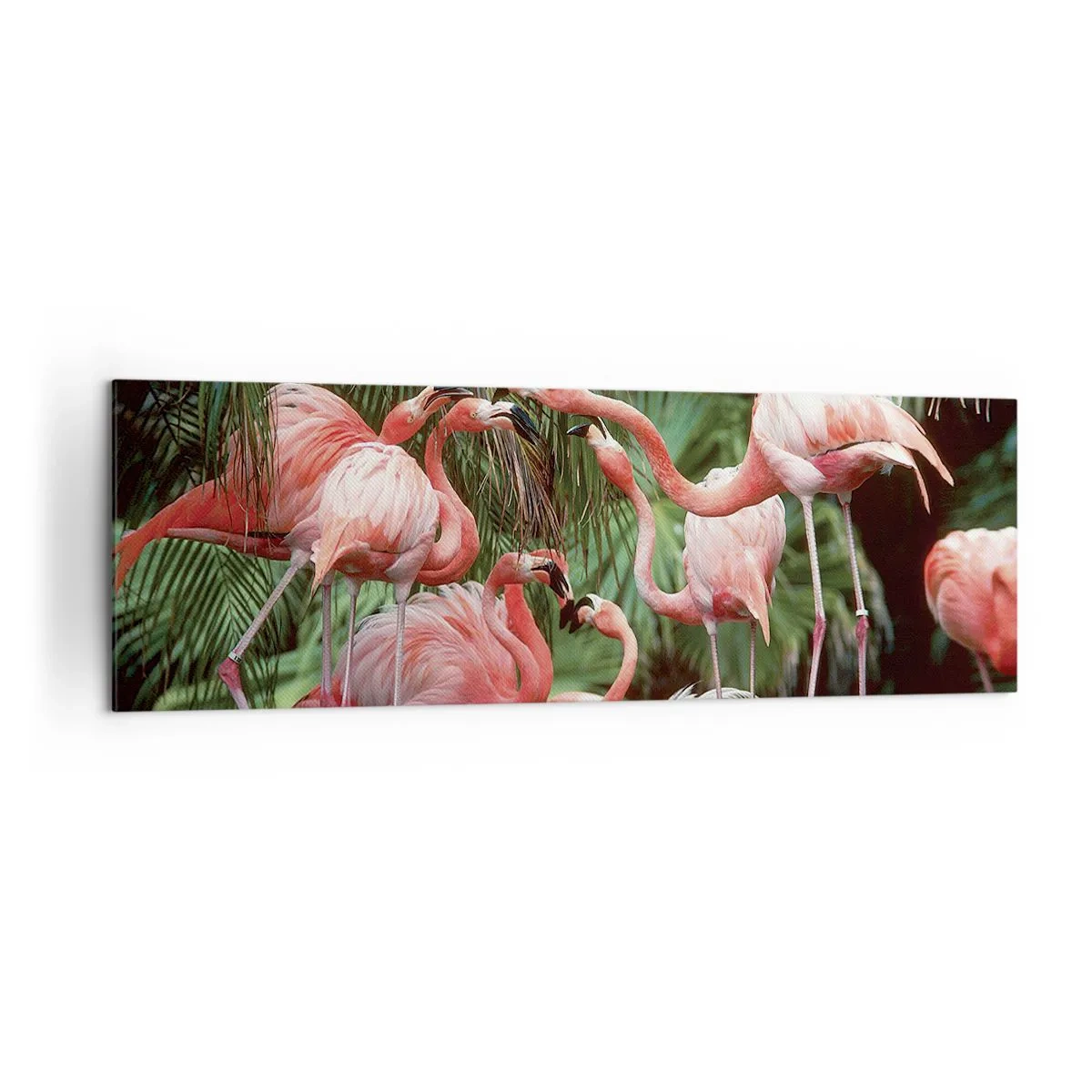Impression sur toile - Image sur toile - Un groupe de flamants roses dans un cadre tropical entouré de palmiers - 160x50cm - Potins d'après-midi - Décoration murale moderne pour le salon et la chambre ARTTOR