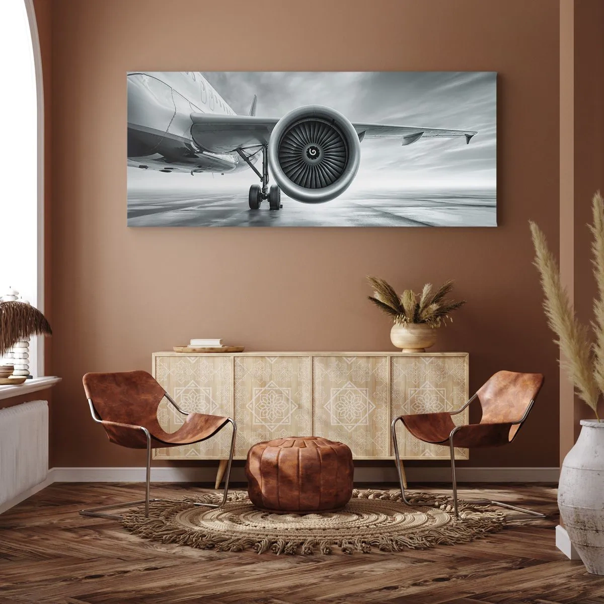 Impression sur toile - Image sur toile - Le réacteur d'un avion sur le tarmac - 120x50cm - Sent la force! - Décoration murale moderne pour le salon et la chambre ARTTOR