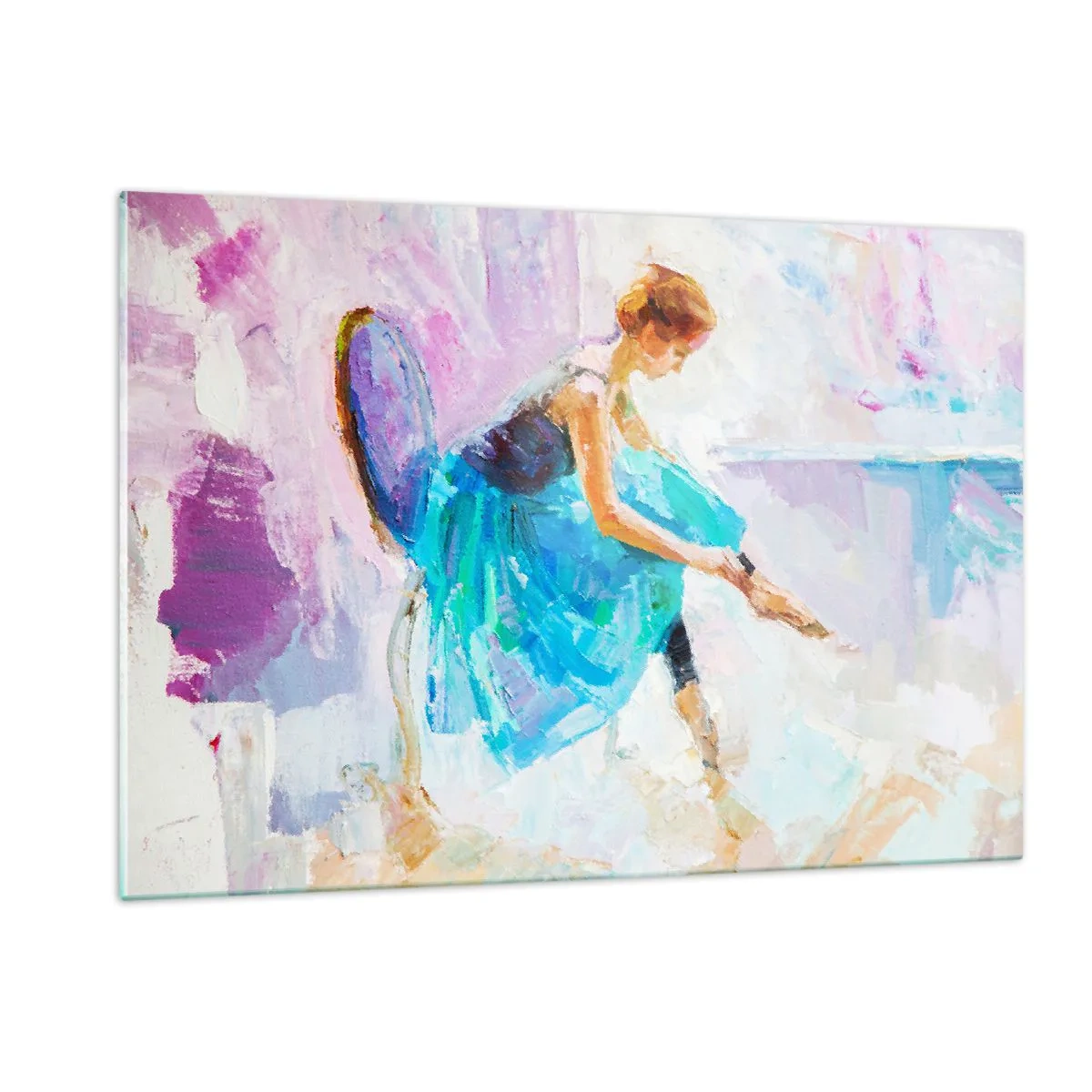 Impression sur verre - Image sur verre - Une ballerine en robe bleue sur fond impressionniste - 120x80cm - Grâce ineffable, charme subtil - Décoration murale moderne pour le salon et la chambre ARTTOR
