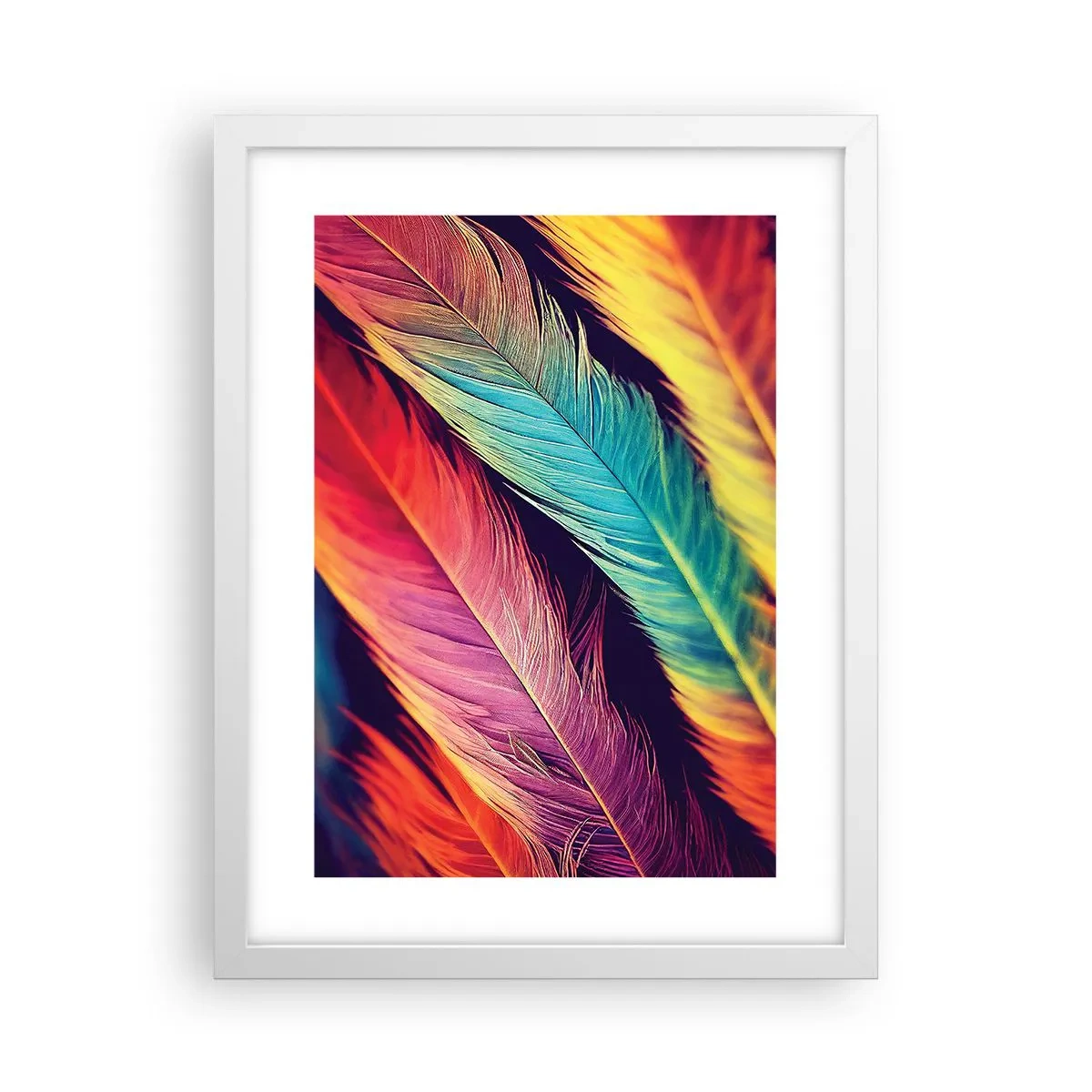 Affiche dans un cadre blanc - Poster - Arc-en-ciel de plumes - 30x40 cm