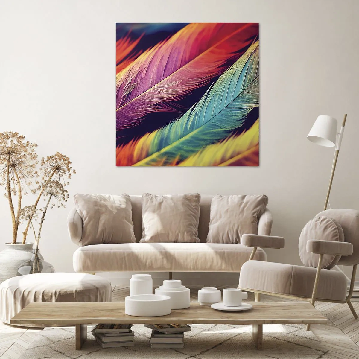 Impression sur toile - Image sur toile - Arc-en-ciel de plumes - 40x40 cm