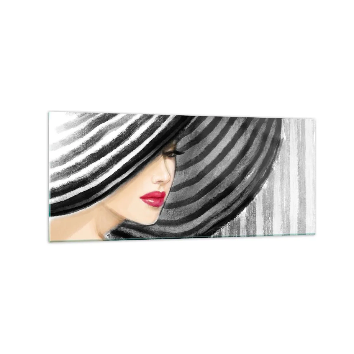 Impression sur verre - Image sur verre - Femme portant un chapeau noir et blanc avec une touche rouge - 120x50cm - Où te chercher ? - Décoration murale moderne pour le salon et la chambre ARTTOR