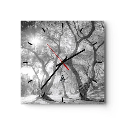 Horloge murale - Pendule murale - Vue en noir et blanc d'arbres dans une oliveraie avec des rayons de soleil - 30x30cm - Dans l'oliveraie - Décoration murale moderne pour le salon et la chambre ARTTOR