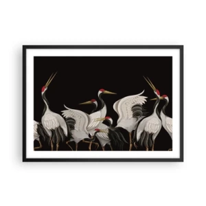 Affiche dans un cadre noir - Poster - Grues blanches avec des accents rouges sur fond noir - 70x50cm - Histoire d'oiseaux - Décoration murale moderne pour le salon et la chambre ARTTOR