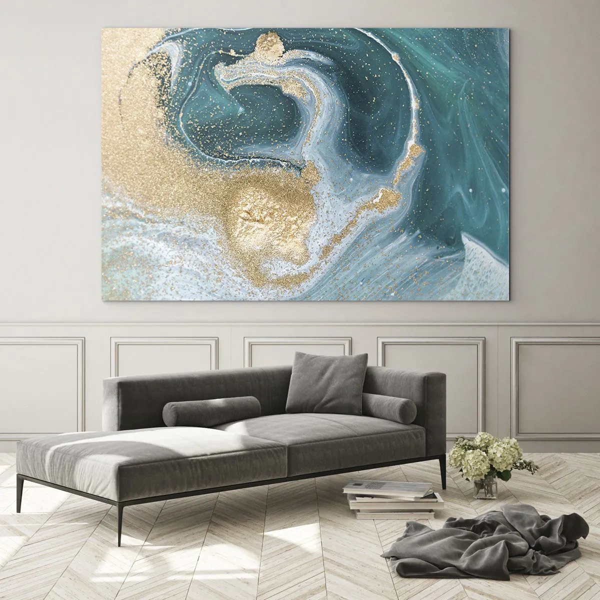 Impression sur verre - Image sur verre - De l'or sur des vagues turquoise dans un style abstrait - 120x80cm - Tourbillon d'or et de turquoise - Décoration murale moderne pour le salon et la chambre ARTTOR