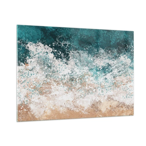 Impression sur verre - Image sur verre - Vague de mer abstraite dans des tons de turquoise, blanc et beige sable - 100x70cm - Histoires de la mer - Décoration murale moderne pour le salon et la chambre ARTTOR