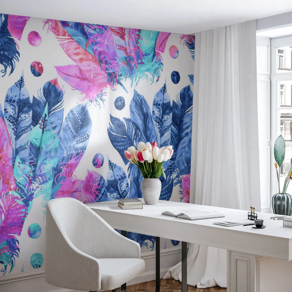 Papier Peint Photo Premium Canvas - Plumes en rose et bleu - Plume d'oiseau, Illustration colorée, Graphique - 200x140 cm