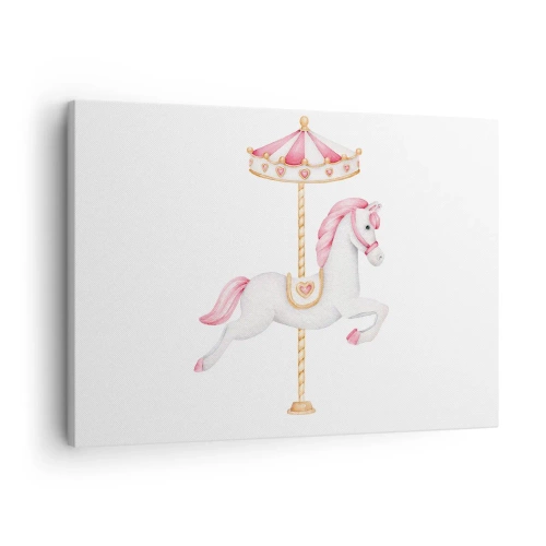 Impression sur toile - Image sur toile - Un cheval de carrousel aux tons pastel de rose - 70x50cm - Les sabots en avant - Décoration murale moderne pour le salon et la chambre ARTTOR