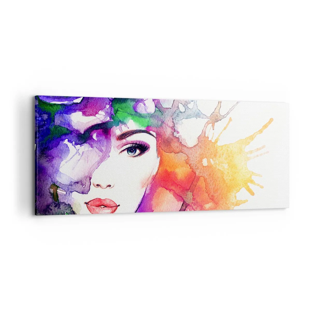 Impression sur toile - Image sur toile - Portrait d'une femme aux couleurs aquarelles avec des taches abstraites - 120x50cm - Avec la tête dans les nuages - Décoration murale moderne pour le salon et la chambre ARTTOR