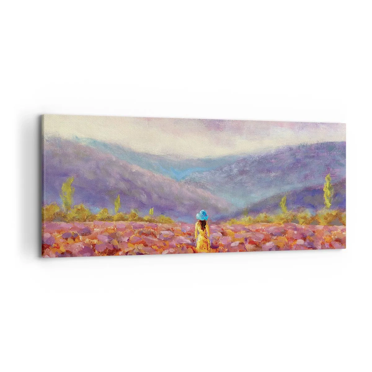 Impression sur toile - Image sur toile - Une femme portant un chapeau marchant dans un champ de lavande. - 120x50cm - Dans un monde lavande - Décoration murale moderne pour le salon et la chambre ARTTOR