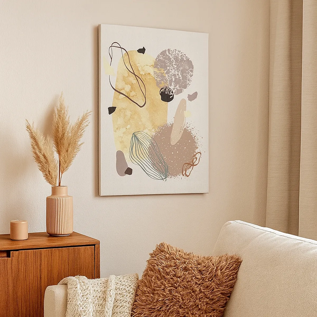 Impression sur toile - Image sur toile - Une composition de formes abstraites en beige et jaune. - 50x70cm - Plumcologie appliquée - Décoration murale moderne pour le salon et la chambre ARTTOR