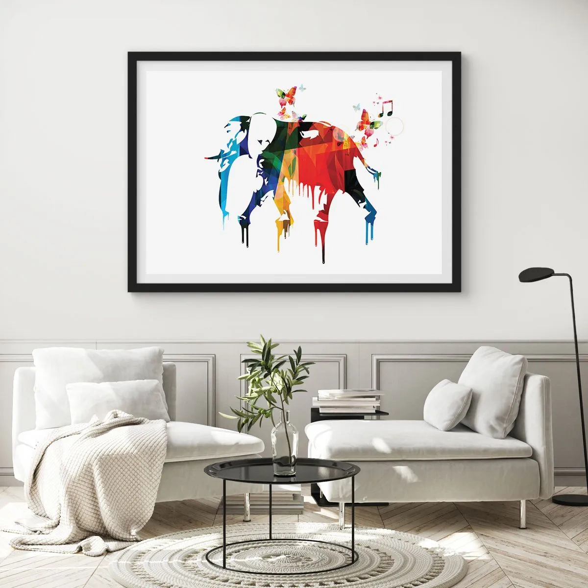 Affiche dans un cadre noir - Poster - Éléphant coloré avec des papillons dans un style géométrique moderne - 100x70cm - Tout le monde peut danser - Décoration murale moderne pour le salon et la chambre ARTTOR