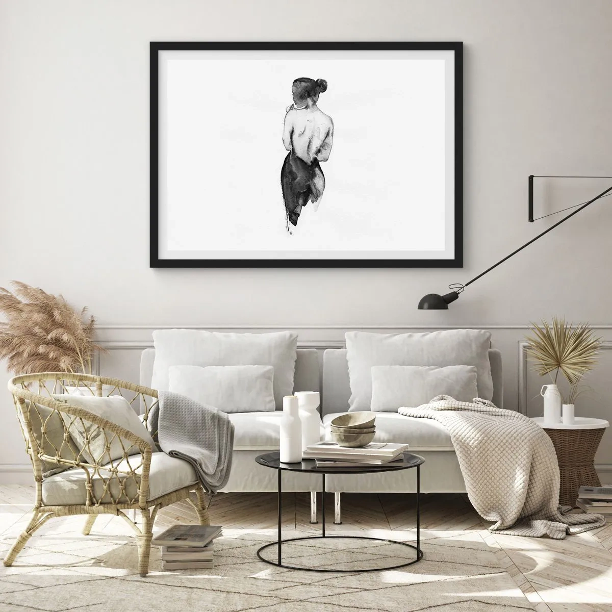 Affiche dans un cadre noir - Poster - La silhouette d'une femme capturée dans une aquarelle subtile - 70x50cm - Auprès d'elle, le monde disparaît - Décoration murale moderne pour le salon et la chambre ARTTOR