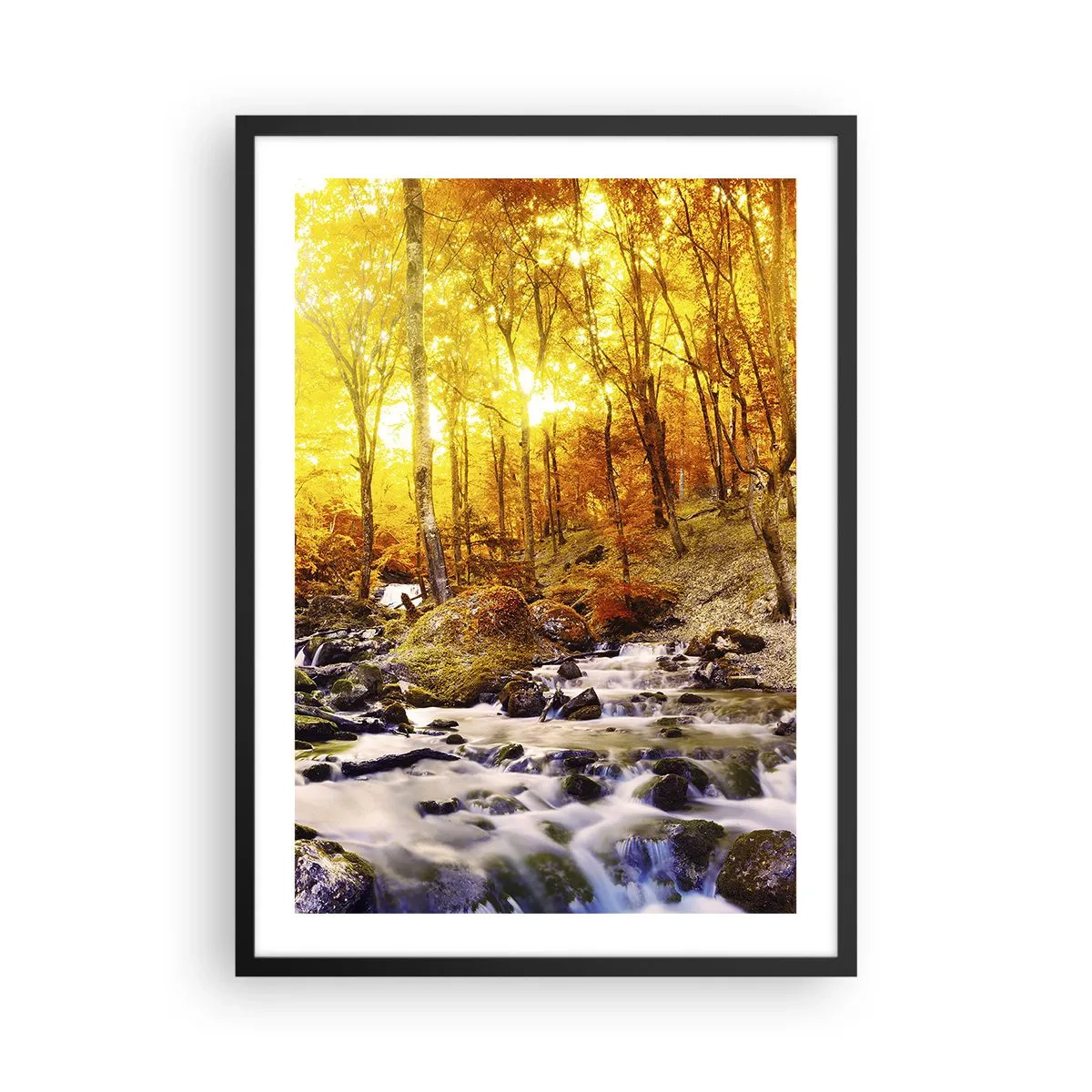 Affiche dans un cadre noir - Poster - Forêt d'automne avec un ruisseau impétueux à la lumière du soleil couchant - 50x70cm - Pierres serties d'or et de platine - Décoration murale moderne pour le salon et la chambre ARTTOR
