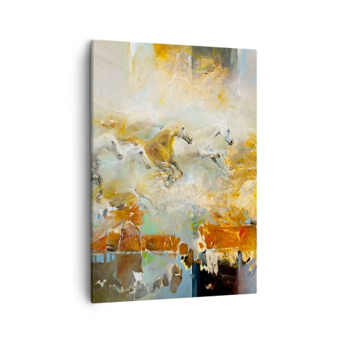 Impression sur toile - Image sur toile - Des chevaux artistiques dans un cadre dynamique et coloré - 50x70cm - Au galop vers la lumière - Décoration murale moderne pour le salon et la chambre ARTTOR