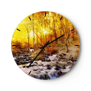 Horloge murale - Pendule murale - Forêt d'automne avec un ruisseau impétueux parmi les feuilles dorées - 30x30cm - Pierres serties d'or et de platine - Décoration murale moderne pour le salon, la cuisine et la chambre ARTTOR