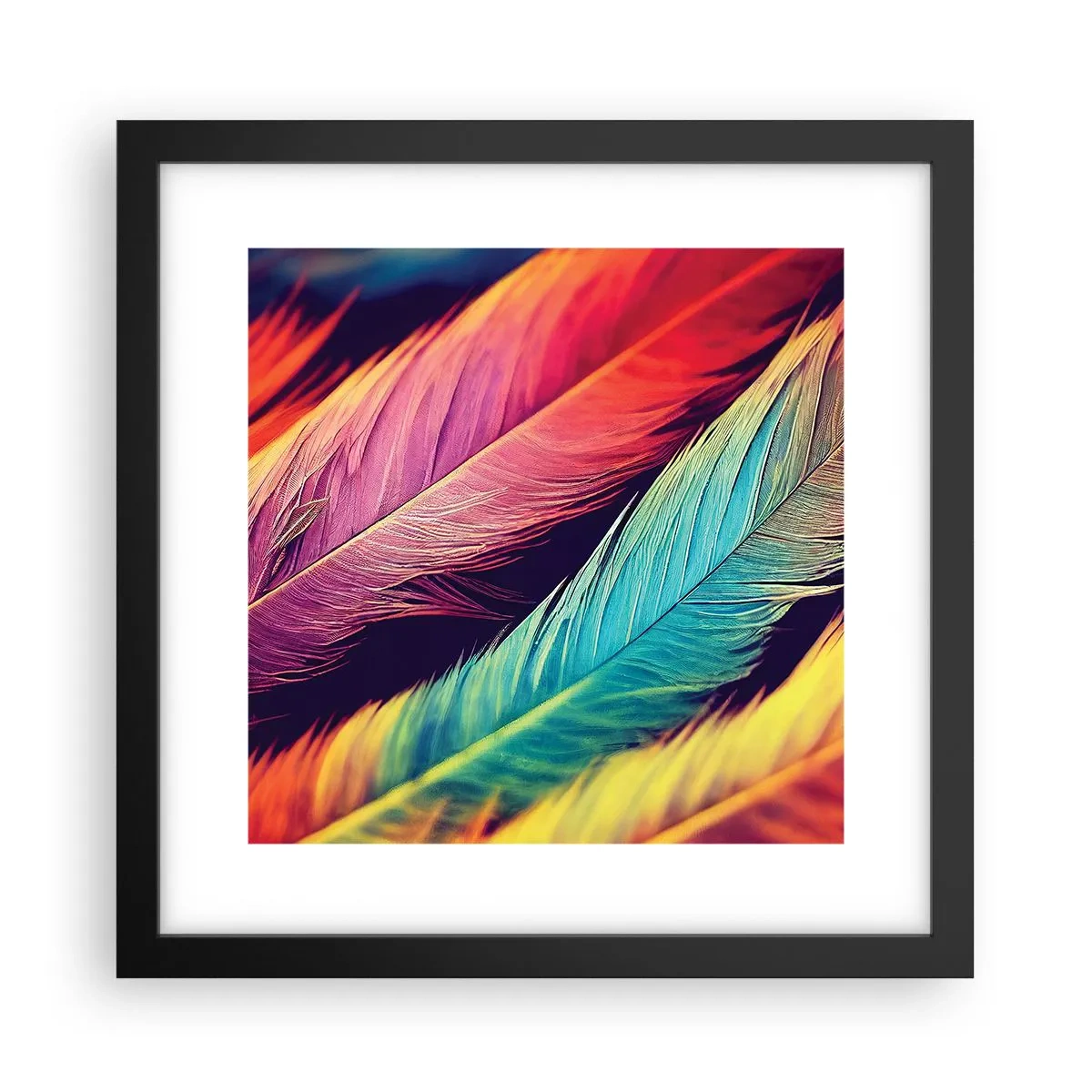 Affiche dans un cadre noir - Poster - Arc-en-ciel de plumes - 30x30 cm