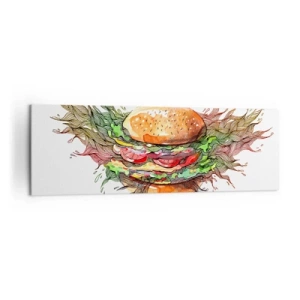 Impression sur toile - Image sur toile - Illustration artistique d'un burger avec des éléments dynamiques - 160x50cm - Tentation chaude - Décoration murale moderne pour le salon et la chambre ARTTOR