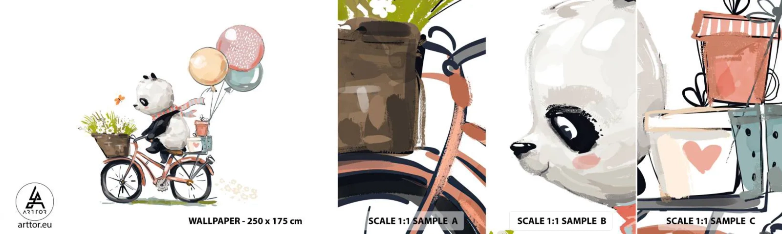 Échantillon de Papier Peint Autocollant Deluxe Sticker - Jour de chance - Pour les enfants, Panda sur un vélo, Abstraction - 100x30 cm