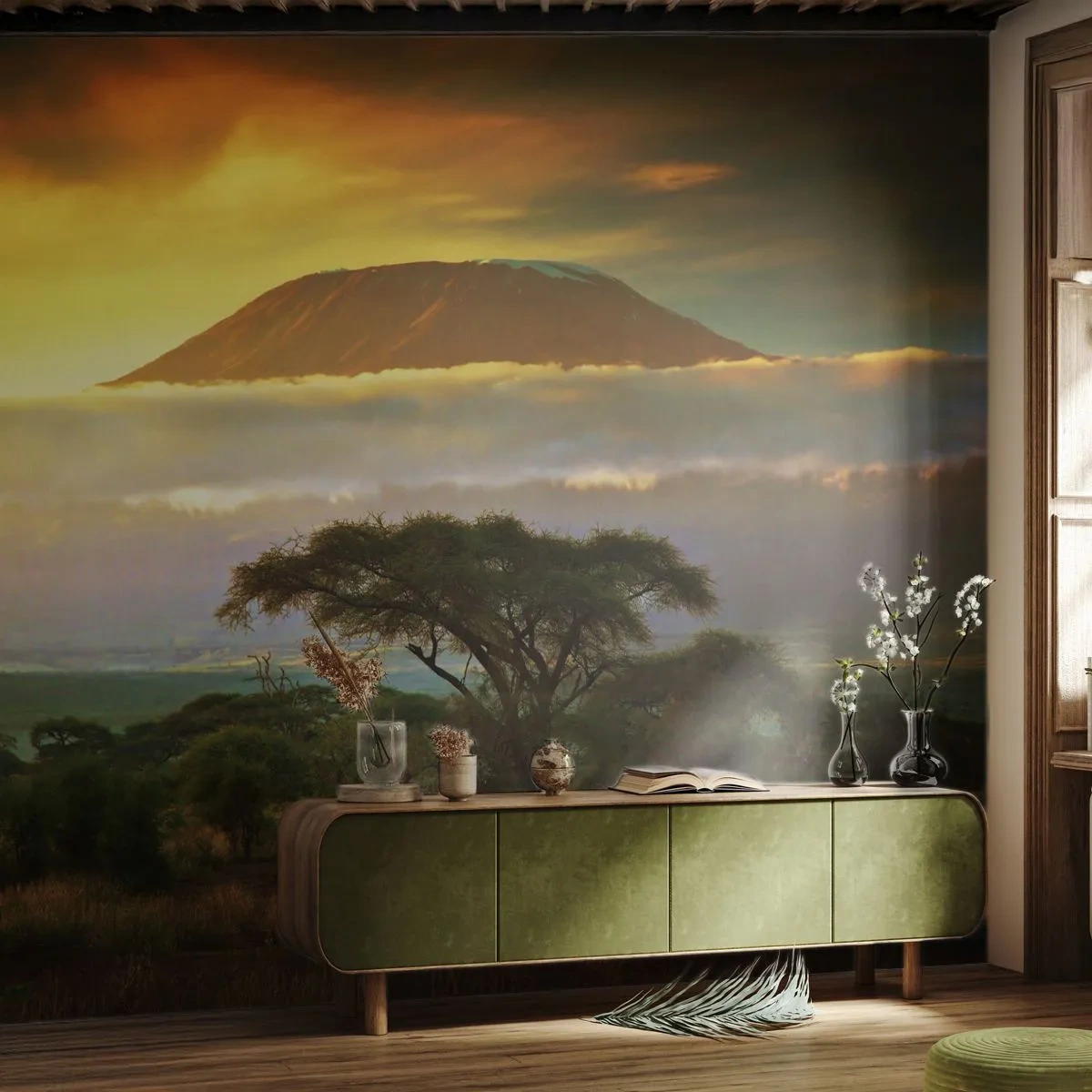 Papier Peint Photo Standard Eco - Paysage africain avec le Kilimandjaro au coucher du soleil - 100x70cm - Un rêve de voyageur - Décoration murale moderne pour le salon et la chambre ARTTOR