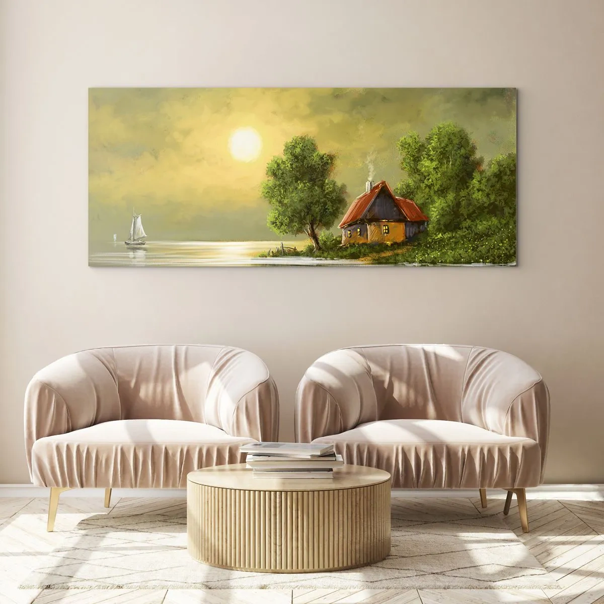 Impression sur verre - Image sur verre - Maison au bord du lac dans la lumière du coucher du soleil - 120x50cm - Beau, comme une image - Décoration murale moderne pour le salon et la chambre ARTTOR