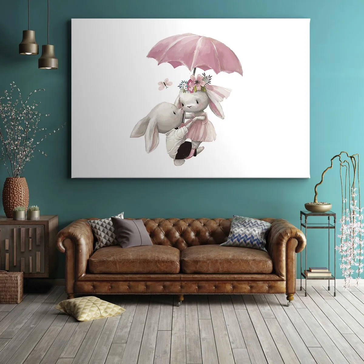 Impression sur toile - Image sur toile - Des lapins mignons sous un parapluie rose - 70x50cm - C'est ça l'amour - Décoration murale moderne pour le salon et la chambre ARTTOR